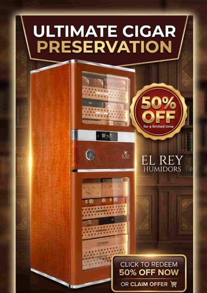 Luxury Cigar Humidor Cabinet with 50% Off discount badge on a library background.