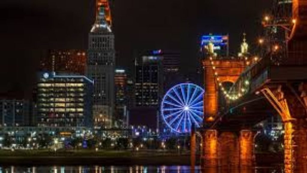 Cincinnati skyline in Hamilton County Ohio with downtown buildings and Ohio River