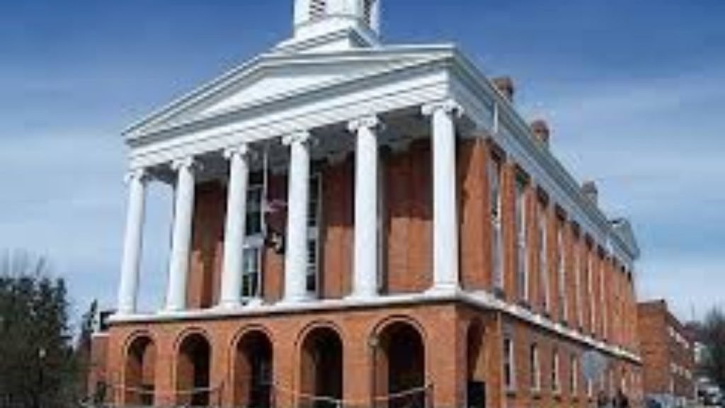 Highland County Courthouse in Hillsboro Ohio with classic historic architecture and central clock tower