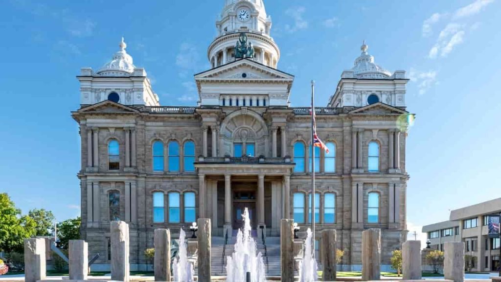 Miami County Courthouse in Troy Ohio with classic historic architecture and central clock tower