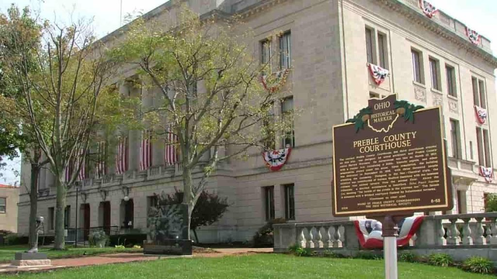 Preble County Courthouse in Eaton Ohio with classic historic architecture and central clock tower