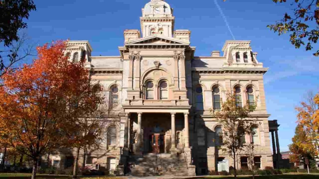 Shelby County Courthouse in Sidney Ohio with classic historic architecture and central clock tower
