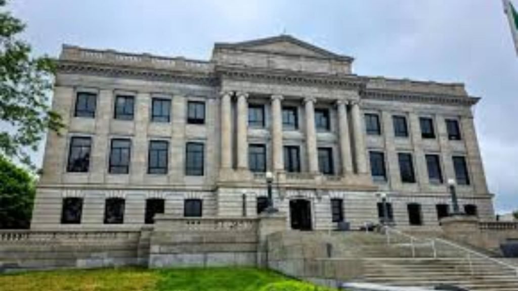 Hardin County Courthouse in Kenton Ohio with historic stone architecture and central clock tower