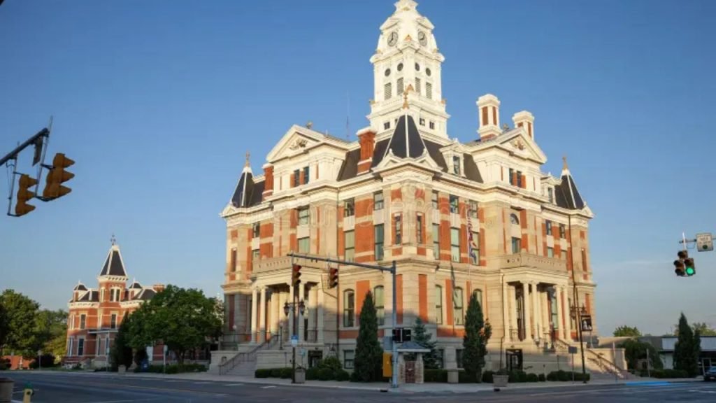 Henry County Courthouse in Napoleon Ohio with historic architecture and central clock tower