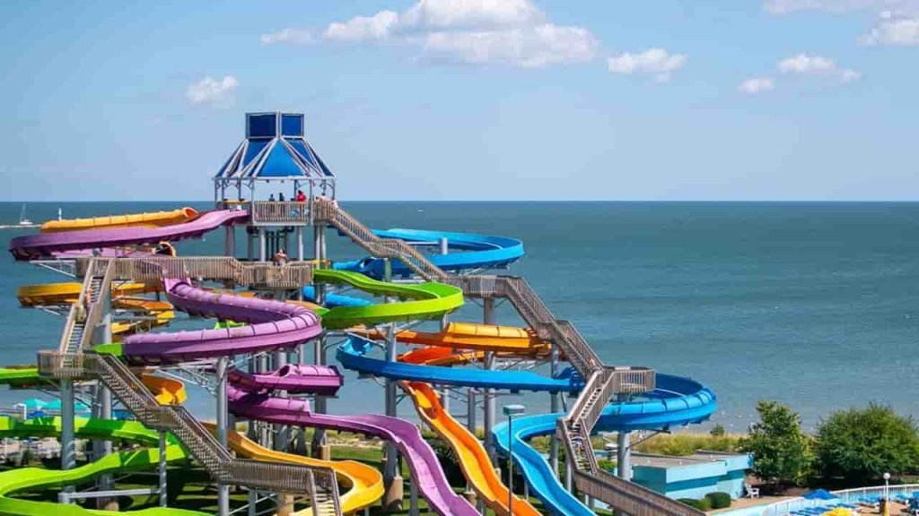 Cedar Point Amusement Park in Sandusky Ohio with roller coasters and lake view