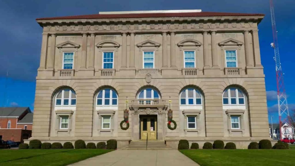Putnam County Courthouse in Ottawa Ohio featuring historic architecture and central clock tower