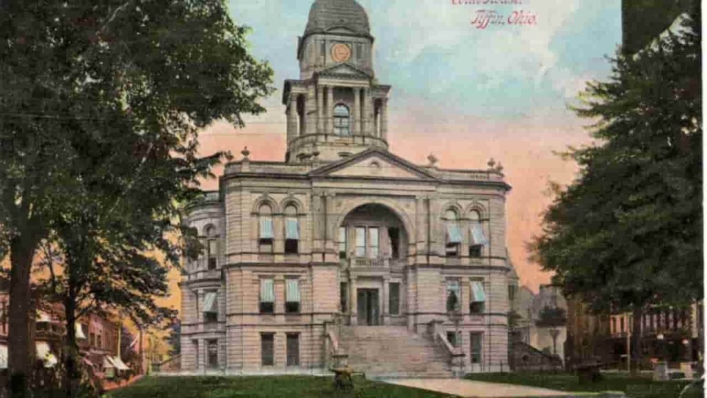 Seneca County Courthouse in Tiffin Ohio with historic architecture and central clock tower