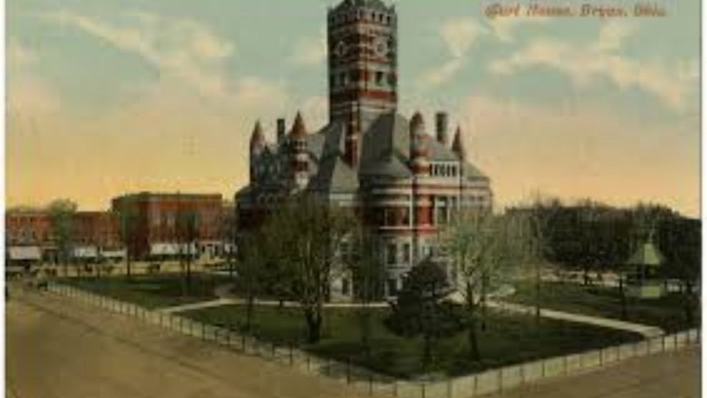 Williams County Courthouse in Bryan Ohio with historic architecture and central clock tower