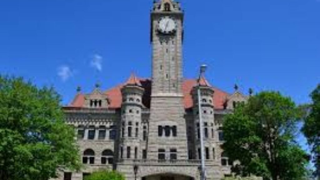 Wood County Courthouse in Bowling Green Ohio with classic historic architecture and central clock tower