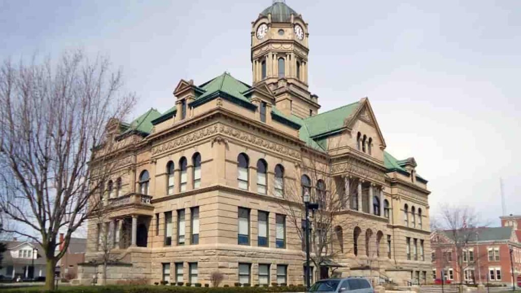 Auglaize County Courthouse in Wapakoneta Ohio with historic architecture and central clock tower