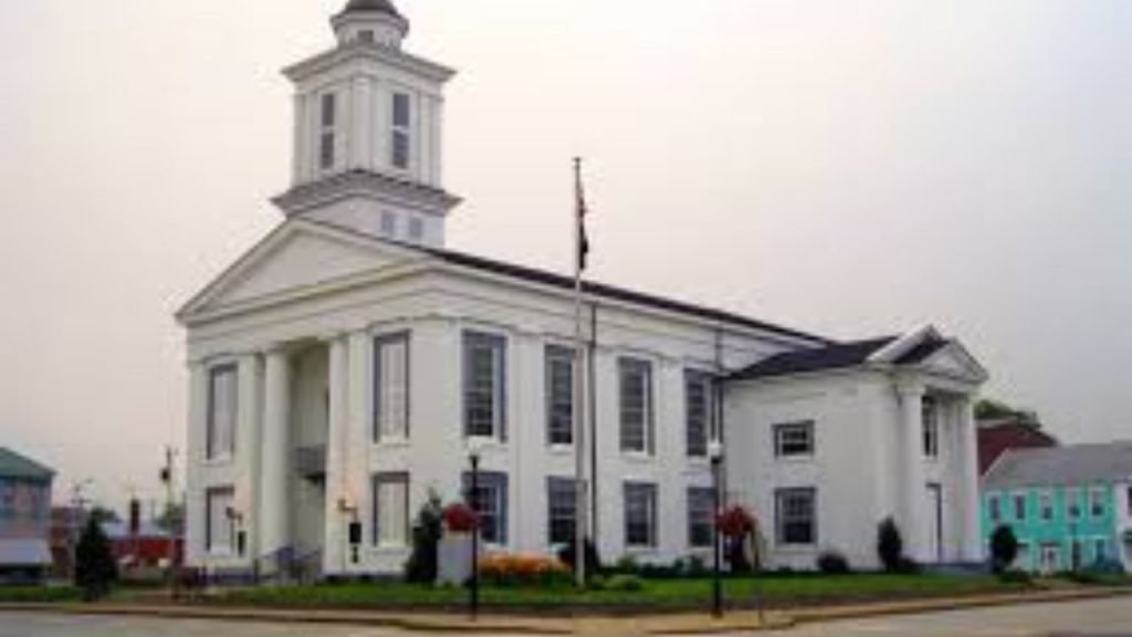 Brown County Courthouse in Georgetown Ohio with classic historic architecture and central clock tower